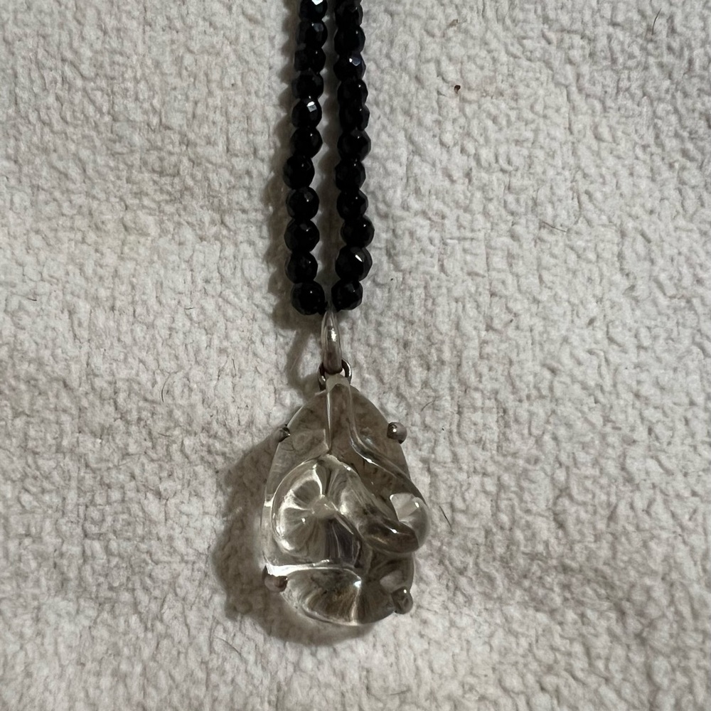 Black Beaded Necklace with Clear Pendant